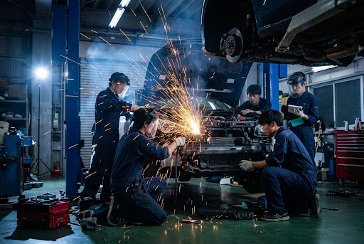Members working on a car in a garage