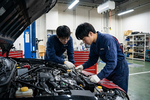 Students maintaining a car engine in the garage